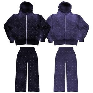 Ensemble de survêtement pour homme avec sweat à capuche zippé à strass, pantalon large coupe oversize délavé à l'acide, style streetwear, logo personnalisé, vente en gros - Product Image 1