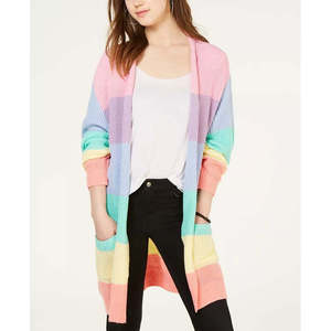 Cardigan da donna Ultra Flirt Juniors' Rainbow Stripe Shaker-Stitch a righe arcobaleno, colore rosa, taglia media - Product Image 1