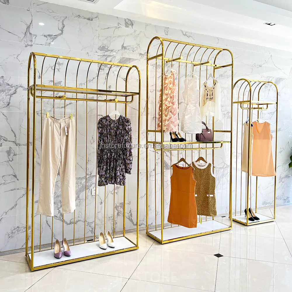 China factory supplied top quality shiny gold clothing rack store display stands pretty garment racks With High Quality