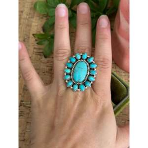 Southwest Handmade Kingman Turquoise Sterling <b>Silver</b> Adjustable Cluster <b>Ring</b> Natural Gemstone Bezel <b>Set</b> Gift - Product Image 2