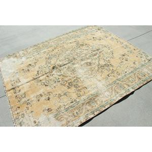 Vintage Area Rug 5.7x6.8 ft (173x207 cm), Turkish <b>Yellow</b> Ikat Rug - Product Image 4