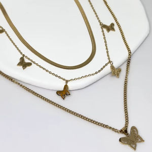 Elegante patrón geométrico oro rodio plateado cadena de eslabones mariposa clásica Triple cuentas collar elegante fiesta acero inoxidable - Product Image 1
