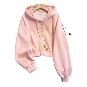 Sudadera con Capucha de Punto para Mujer, Nueva Colección Otoño Invierno, con Botones Decorativos, Forro de Terciopelo, Gruesa, Holgada, de Manga Larga - Product Image 2