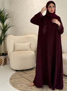 Abaya en soie brodée marron anti-rides avec foulard assorti, robe musulmane élégante et modeste, tenue de prière élégante pour femmes adultes - Product Image 4