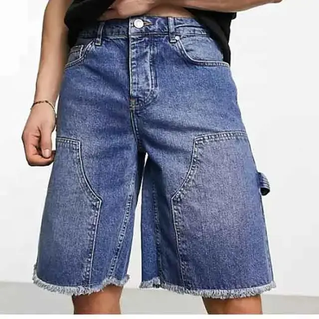 Shorts jeans largos para homens, shorts jeans de carpinteiro em azul, lavado com pedras, shorts jeans desbotados