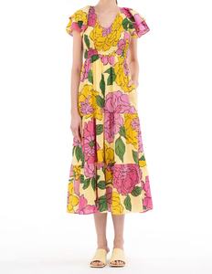 Floral Print Chiffon Tea-Length <b>Dress</b> V-Neck Cap Sleeve Empire Waist <b>A</b>-<b>Line</b> Bohemian Summer Casual Breathable 120g Women's <b>Dress</b> - Product Image 4