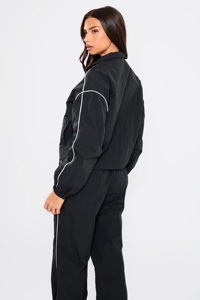 Survêtement d'hiver uni brodé avec piping contrasté, fermeture éclair quart de tour, noir - Product Image 5