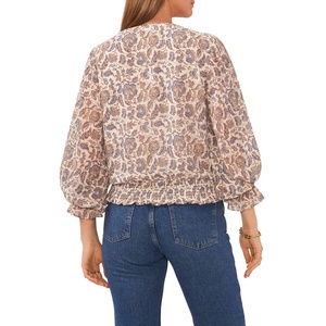 Camicetta Bohemien Avorio Marrone con Stampa Floreale Vintage in Chiffon Intrecciato e Tessuto Lavorato a Maglia, Vestibilità Ampia, Top da Donna XL L per Primavera Autunno - Product Image 2