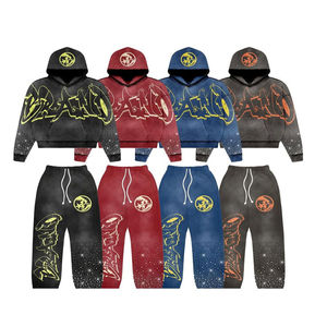 Conjunto de ropa deportiva personalizada de fabricante para hombre, Sudadera con capucha y diamantes de imitación de doble cintura, pantalones acampanados, conjuntos holgados de gran tamaño - Product Image 1