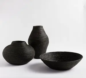 Set 3 vas rotan anyaman tangan hitam | Vas bambu & Kayu dibuat di Vietnam OEM Suistanable tahan lama ramah lingkungan