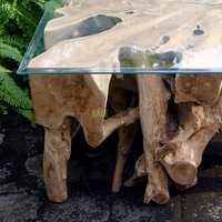 Table basse extensible en racine de teck artisanale, pièce maîtresse naturelle unique pour salons, mobilier de salon écologique
