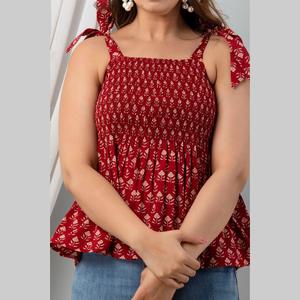Casual Cotton Poplin Sleeveless <b>Top</b> with Floral Print <b>Maroon</b> Smocked <b>Top</b> - Product Image 5