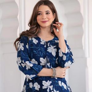 Ropa informal con estilo Floral para mujer estampado puro algodón recto azul Kurta para compra al por mayor - Product Image 1