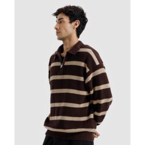 Suéter clásico de invierno con cremallera de un cuarto, a rayas, con estampado jacquard, tejido cálido y bordado a media costura. - Product Image 4