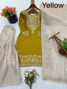 High Demand Latest Designer Light Weight Georgette Traditional Party Winter <b>Kurti</b> Sharara Dupatta for Ladies Fully Stitched - Product Image 3