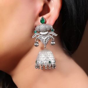 Oxidized <b>Silver</b> Green Stone <b>Jhumka</b> Earrings Traditional Indian Jewelry Gift for her - Product Image 1