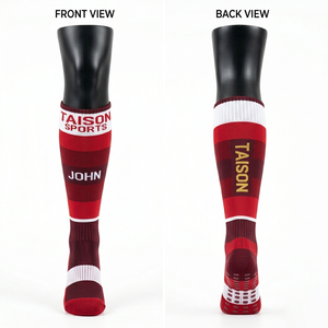 High Quality Women's Rugby <b>Socks</b> GSM Cotton Polyester Spandex Fabric Red Navy Panel Stripes Cushioned Grip Sole Custom Knit Logo - Product Image 4