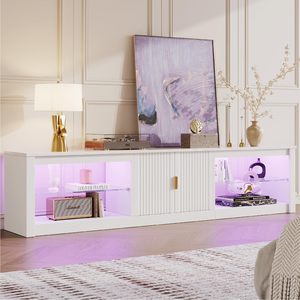 Mueble de TV Moderno Blanco al por Mayor con Puertas Acanaladas, Consola Multimedia LED, Estantes de Vidrio, Mueble Grande para TV, Consola Multimedia para Sala de Estar - Product Image 4