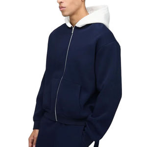 Sweat-shirt à capuche zippé pour homme, bleu foncé, hiver, épaules tombantes, veste à capuche, style décontracté, pull, coton biologique 100% numérique - Product Image 1