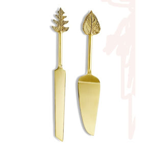 Colección brillante, tendencia caliente, suministro de fábrica, acero inoxidable dorado con mango de hoja, cuchillo para pastel y juego de servidor - Product Image 1