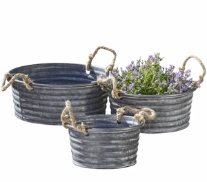 Ensemble de jardinières en métal de style rétro vintage Pot galvanisé rustique avec poignée en corde pour le thème des trois jardinières de jardin - Product Image 1