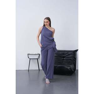Conjunto de Dos Piezas de Chal Modal para Mujer - Conjunto de Top y Pantalones de Mezcla de Algodón Índigo Cómodo y Elegante para Uso Casual - Product Image 2
