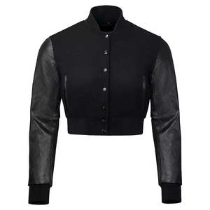 Veste universitaire tendance urbaine, manches en cuir, corps en laine, boutons sur le devant, poignets côtelés, vêtements de rue, vêtements de campus, OEM ODM en gros - Product Image 6