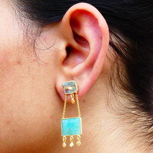 Boucles d'oreilles classiques faites à la main en argent sterling 925 plaqué or avec amazonite et topaze bleue pour femmes - Product Image 5