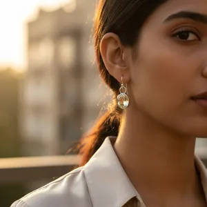 ต่างหูเงินแท้ 925 ประดับพลอยซิทริน สำหรับผู้หญิง ดีไซน์ทันสมัย - Product Image 1