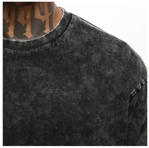 Gros poids lourd Vintage noir imprimé grands t-shirts graphiques lavage à l'acide T-shirt hommes surdimensionné chemises à col rond - Product Image 2