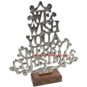 Escultura de árbol de Navidad de metal plateado vintage con base de madera de mango natural Decoración de vacaciones de mesa moderna y festiva - Product Image 4