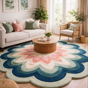 Tapis rond en laine fait main abstrait ondulé bleu et beige 9x12 pieds, tapis moderne à poils hauts et bas pour la décoration du salon - Product Image 1