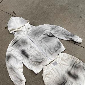 Streetwear Men's <b>White</b> Sweatsuit Acid Wash Flared Sun Faded Sweatpants and <b>Zip</b> <b>up</b> Hoodie Set Sweat Suit Tracksuit Men - Product Image 4