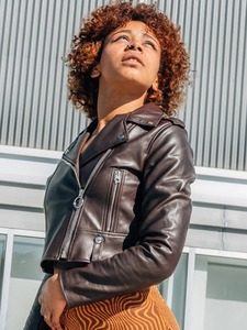 แจ็คเก็ตหนัง lambskin สีแดงสำหรับผู้หญิงแจ็คเก็ตหนังแท้สำหรับนักขี่จักรยาน - Product Image 3