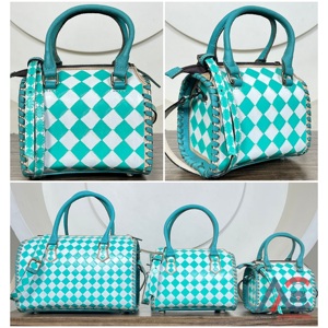 Stylish Turquoise & White Checkered Design Small Speedy Hand Tooled Leather Travel <b>Bag</b> Western Compact Size Crossbody Duffel <b>Bag</b> - Product Image 1