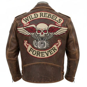 Chaqueta de Motero de Cuero Genuino Desgastado Estilo Vintage 2026, con Bordado Personalizado de Calavera Wild Rebels, Chaqueta Moto Ajustada de Lona Estilo Punk para Hombre - Product Image 2