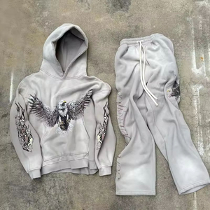 Custom Fashion Regular Fit Hoodie Tracksuits Set Jogging Suits Screen Print with Acid Wash and Rhinestone Men's Sweatsuit - Product Image 1