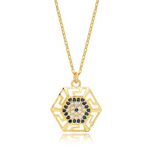 Collar con Colgante de Plata de Ley Hecho a Mano con Motivo Griego de Ojo Turco, Corte Hexagonal Geométrico y Baño de Rodio - Product Image 5