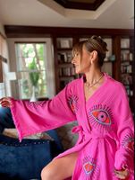 Nouvelle broderie rose Robe femmes vêtements à la main mauvais œil à manches longues coloré peignoir Cardigan femmes Boho Festival Kimono