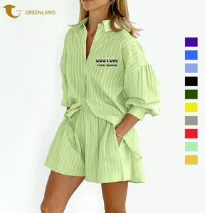 US style 2023 summer jacquard long sleeve shirt and shorts set for women bubble sleeves casual leisure women suits