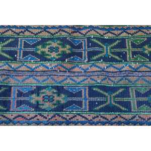 1.8x10.7 ft Turkish <b>Runner</b> Rug, Blue <b>Green</b> Vintage Check Wool Rug - Product Image 5