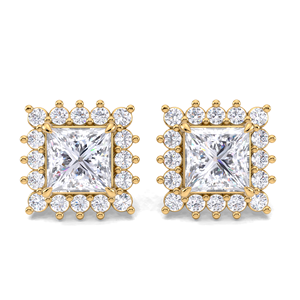 Boucles d'oreilles à clous en diamant taille princesse 1,32 carat avec double halo, en or jaune, blanc et rose 14 carats, fermoir à vis, bijoux de mariée de luxe - Product Image 4