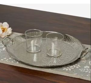 High Quality <b>Mirror</b> Polished Round Shiny Ramadan Eid Display <b>Tray</b> <b>with</b> Handle Decorative Hammered Fruit <b>Tray</b> Dessert Cake Plate - Product Image 6