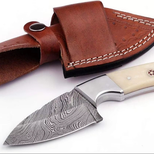 Cuchillo para exteriores de acero de Damasco Tang completo hecho a medida, cuchillo para exteriores, soporte OEM, hoja fija, Funda de cuero, cuchillo de supervivencia para acampar - Product Image 1