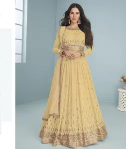 Pakaian etnik India Georgette imitasi berat dengan bordir gaun Anarkali kerja urutan 5mm dengan Georgette Dupatta Set untuk wanita