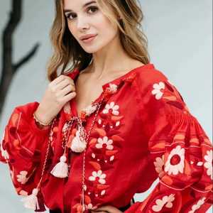 Recién llegado, Blusa de algodón de verano, diseño de borlas bordadas, manga larga, Top tejido de punto rumano Vintage para fiestas de verano - Product Image 1
