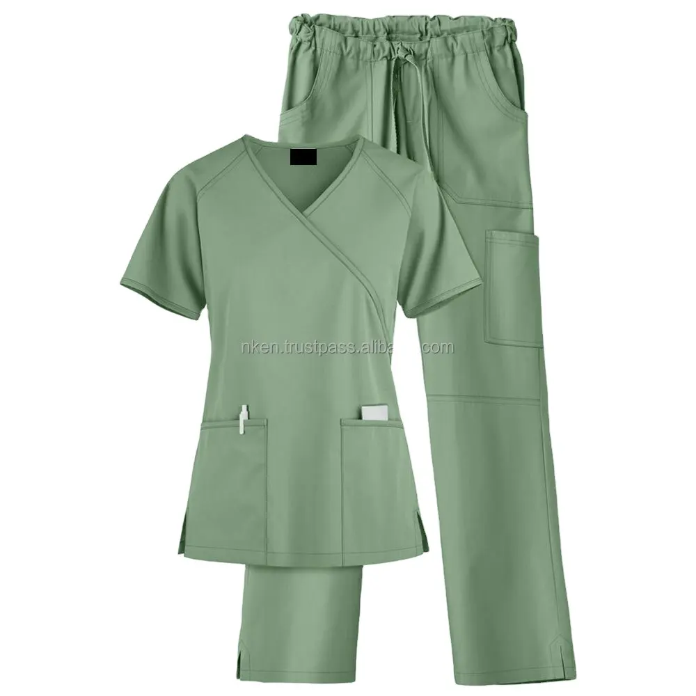 Migliore qualità logo personalizzato elastico donne uniformi ospedaliere scrub abiti ospedale dentale scollo a v scrub top & pant set