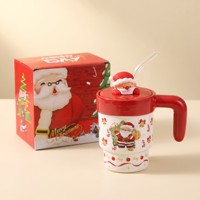 Mug en céramique de Noël avec couvercle à personnage et paille, motifs Père Noël, sapin et bonhomme de neige, dans un coffret cadeau
