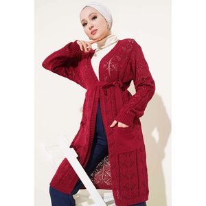 Claret <b>Red</b> Women's Double Pocket Hole Belted Knitwear <b>Cardigan</b> - Product Image 2