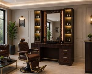 Estación de Estilismo de Barbería de Lujo en Color Marrón con Espejo LED, Estantes de Almacenamiento y Encimera, Muebles Profesionales Personalizados para Barbería - Product Image 3